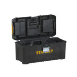 Boîte à outils Stanley noire, ouverte, avec compartiments de rangement, logo jaune visible.