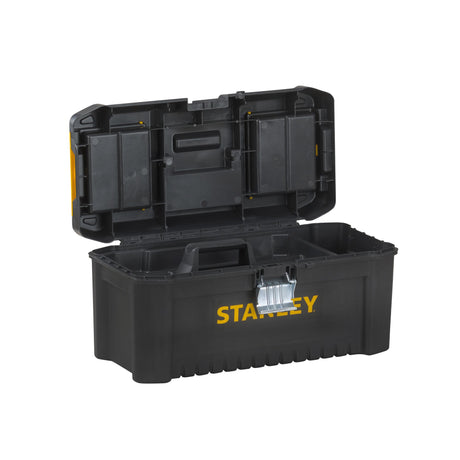Boîte à outils Stanley noire, ouverte, avec compartiments de rangement, logo jaune visible.