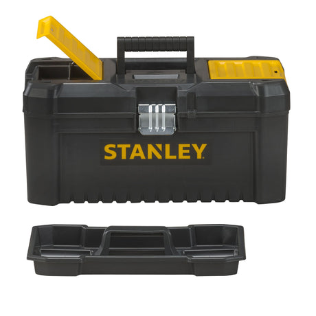 Boîte à outils Stanley noire et jaune, avec compartiments, marque visible.