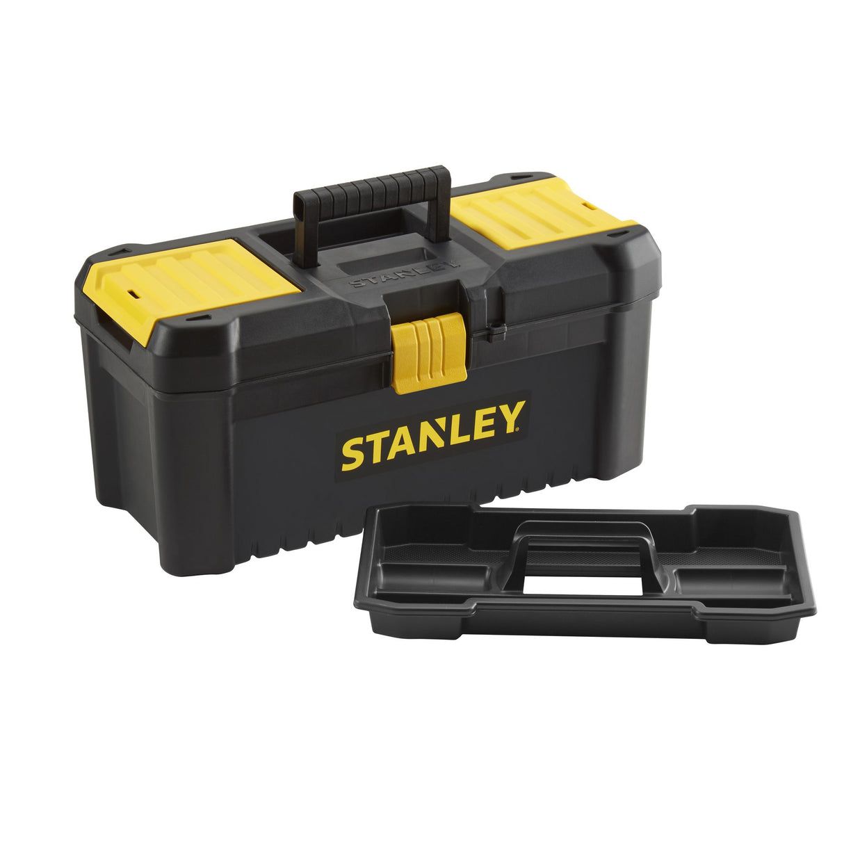 Boîte à outils Stanley noire et jaune, plastique, avec plateau intérieur.