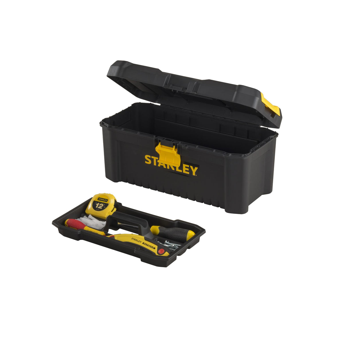 Boîte à outils Stanley noire et jaune, plastique, avec plateau amovible et outils inclus