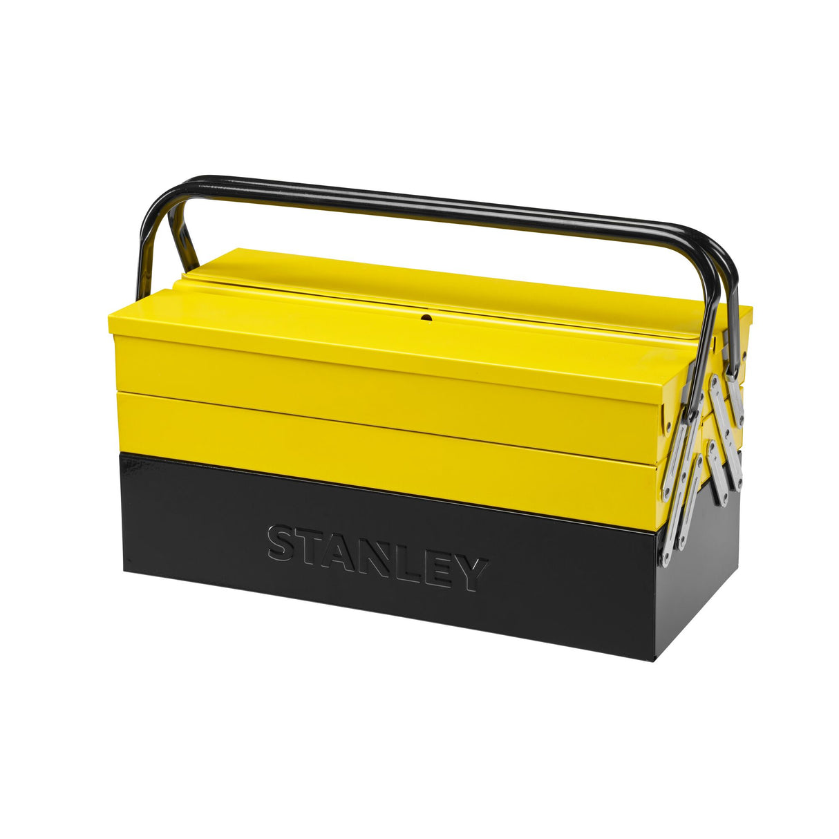 Boîte à outils Stanley, métallique, couleur jaune et noir.