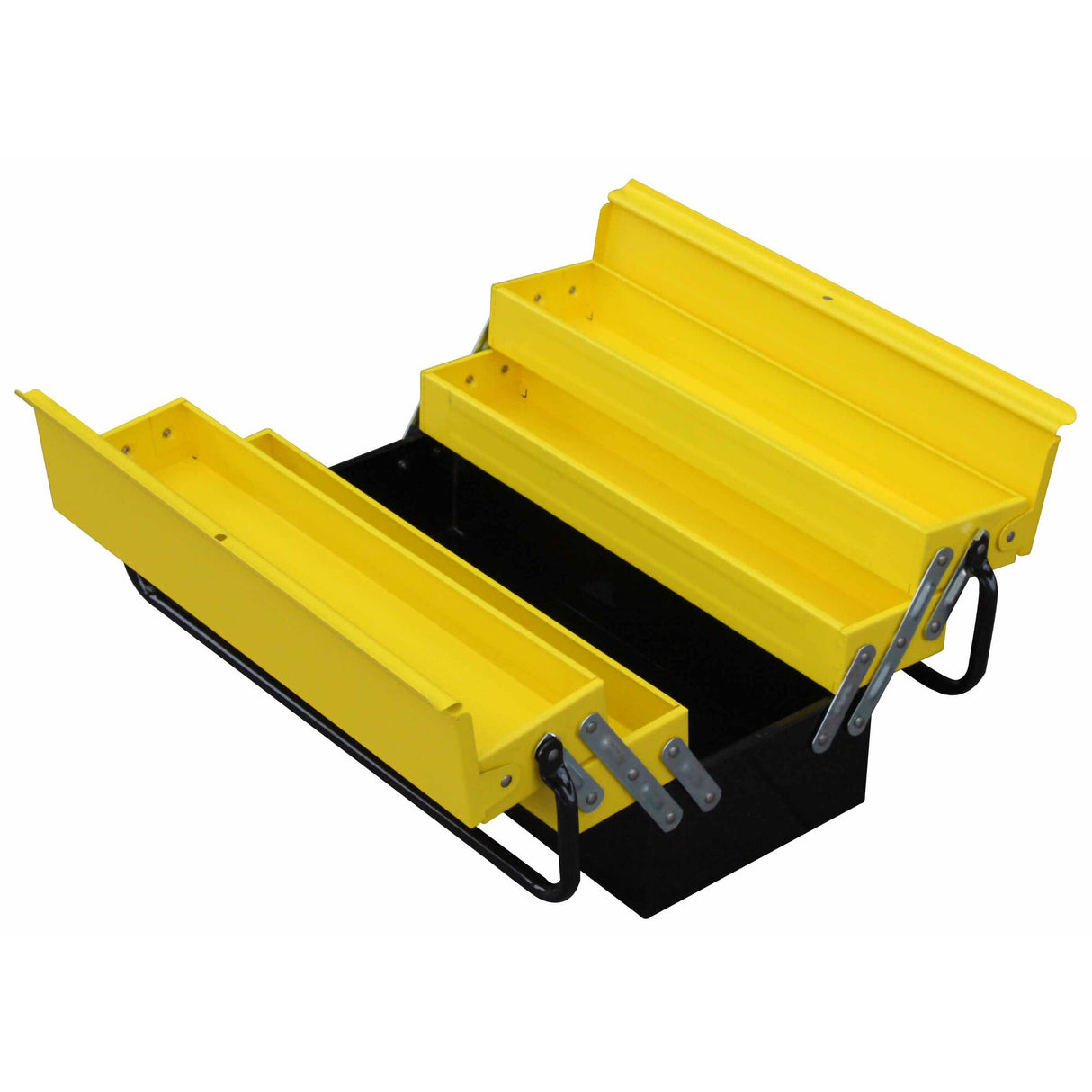 Boîte à outils Stanley, métal, couleur jaune et noir, compartiments ouverts