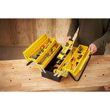 Boîte à outils Stanley jaune et noire, métal, remplie d'outils à main, sur établi