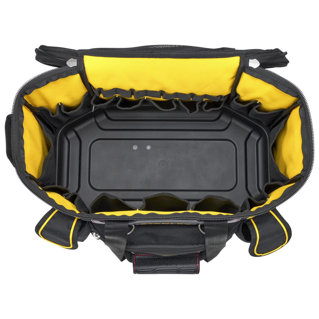 Sac à outils Stanley noir et jaune, intérieur spacieux avec compartiments visibles
