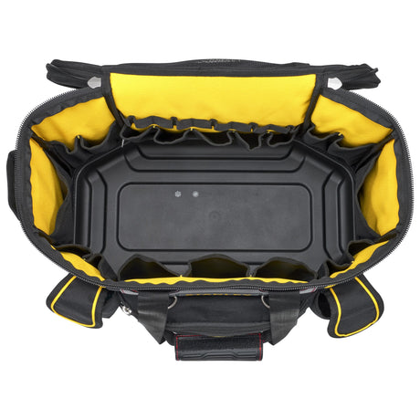 Sac à outils Stanley noir et jaune, intérieur spacieux avec compartiments visibles