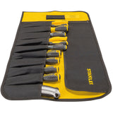 Set de tournevis Stanley jaune et noir, outils à manche ergonomique dans une pochette noire.