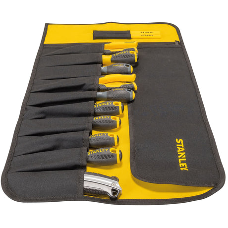 Set de tournevis Stanley jaune et noir, outils à manche ergonomique dans une pochette noire.