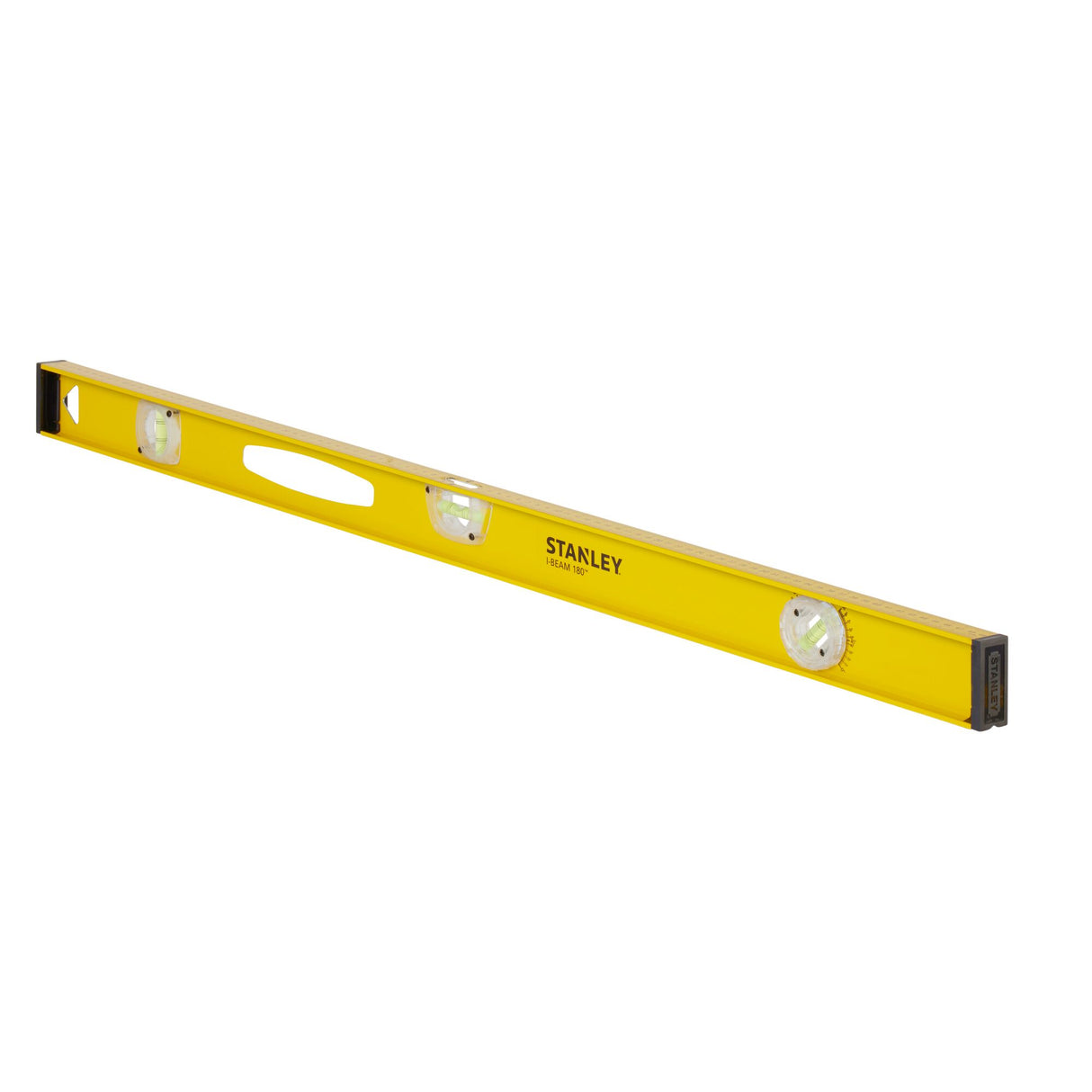 Niveau à bulle Stanley jaune, outil de mesure rectangulaire avec trois fioles.