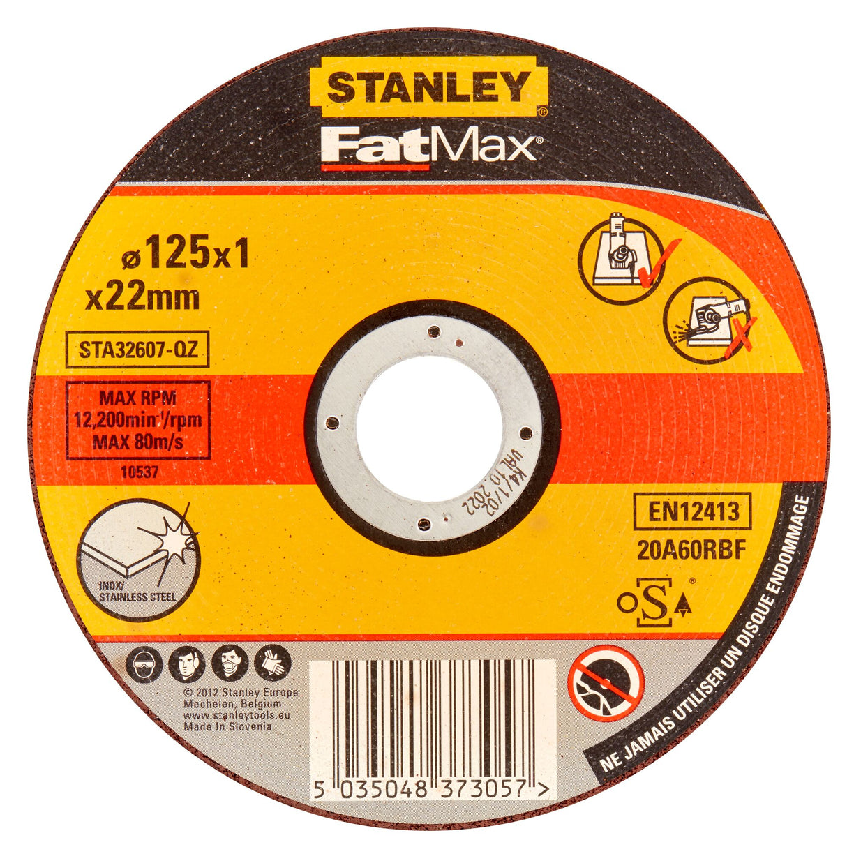 Disque à tronçonner Stanley FatMax, abrasif, 125 mm, jaune et noir, pour inox.