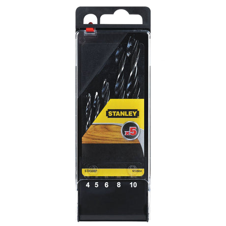 Set de forets noirs Stanley pour bois, 5 pièces, emballage noir et jaune.