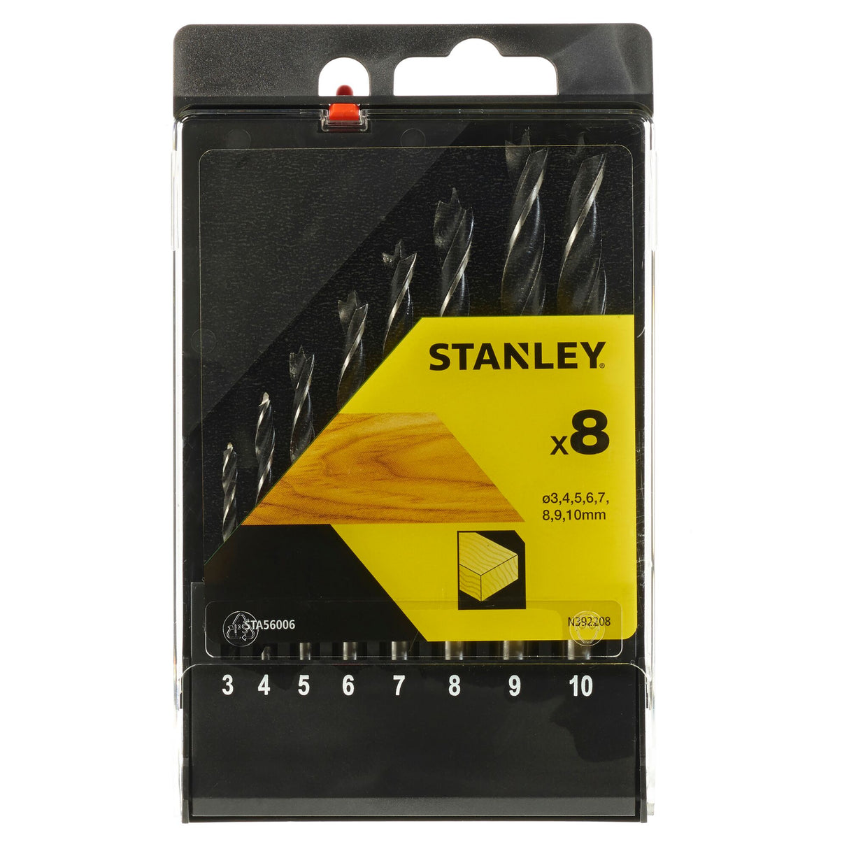 Coffret de 8 forets Stanley pour bois, couleur noir et jaune.