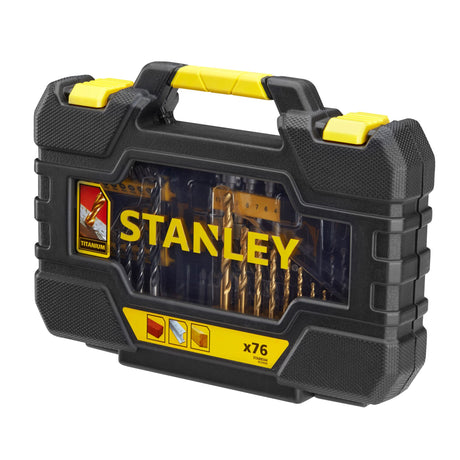 Coffret forets Stanley, outillage noir et jaune, forets dorés, 76 pièces