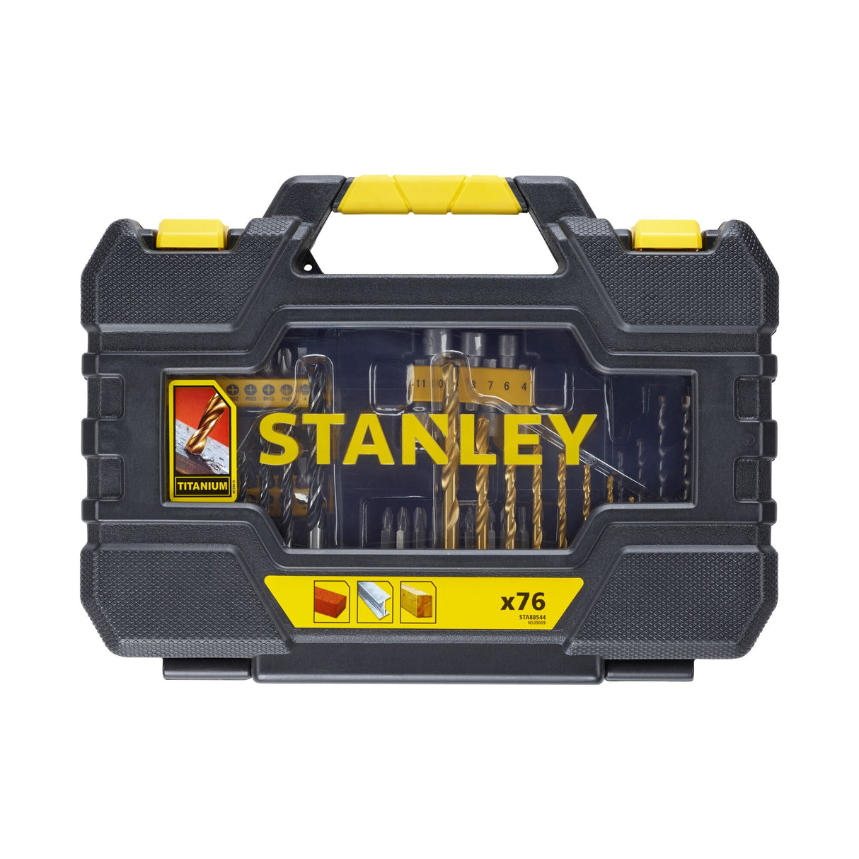 Coffret de forets Stanley, perceuse, titane, noir et jaune, 76 pièces.