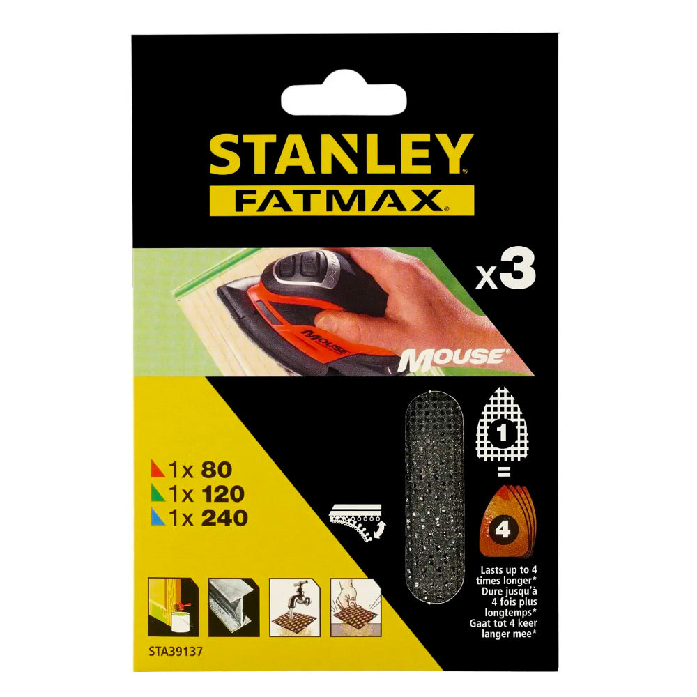 Abrasifs de ponceuse Stanley, type feuilles, couleur noire, lot de 3.