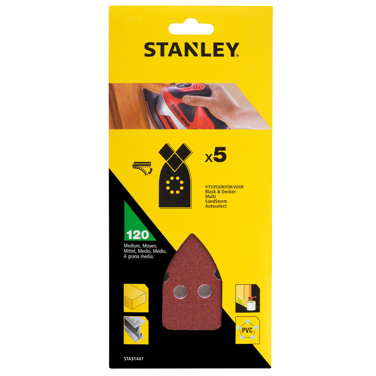 Abrasif rouge Stanley pour ponceuse, grain 120, lot de 5, pour bois et PVC.