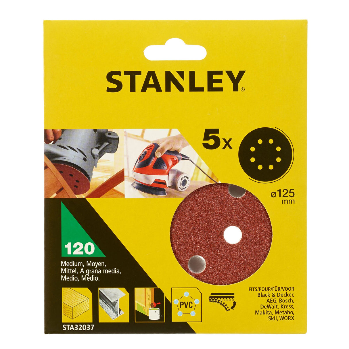 Lot de 5 disques abrasifs Stanley, type abrasif, couleur rouge, diamètre 125 mm.