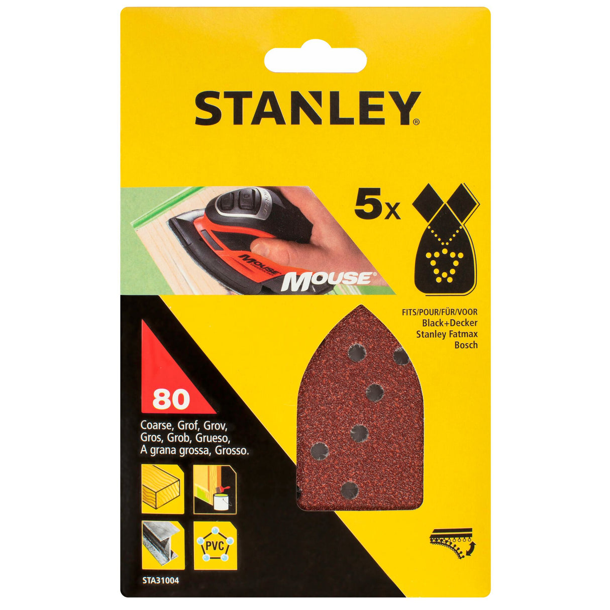 Lot de 5 abrasifs Stanley pour ponceuse, grain 80, couleur marron