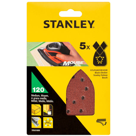Lot de 5 abrasifs Stanley pour ponceuse, grain moyen 120, couleur marron