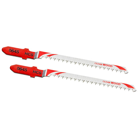 Lames de scie sauteuse HCS pour bois, marque Clean Wood, couleur rouge et argentée.