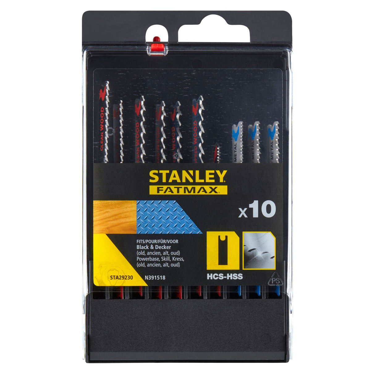 Set de 10 lames de scie sauteuse Stanley Fatmax, accessoires outillage, couleur noir et jaune