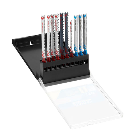 Lames de scie sauteuse Bosch, coffret noir avec lames rouges, bleues et noires, multi-matériaux