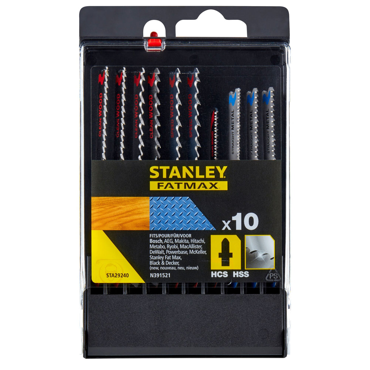 Lame de scie sauteuse Stanley Fatmax, coffret de 10 pièces, type accessoire outillage, couleur noir et argent.