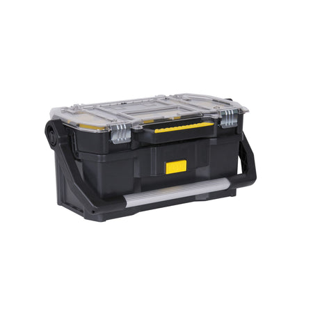Boîte à outils Stanley noire et jaune avec couvercle transparent et poignée robuste