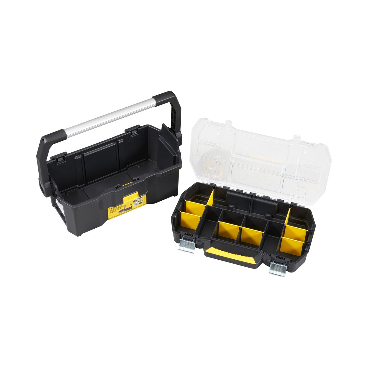 Boîte à outils Stanley noire et jaune, coffret de rangement avec poignée, couvercle transparent.