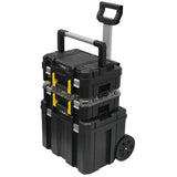 Chariot de rangement noir Stanley, valise à roulettes pour outils, marque visible, poignées jaunes.