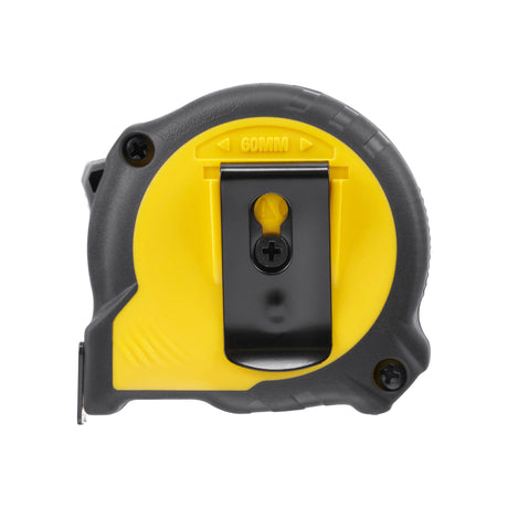 Mètre ruban Stanley, outil de mesure, couleur jaune et noir, avec clip de ceinture.