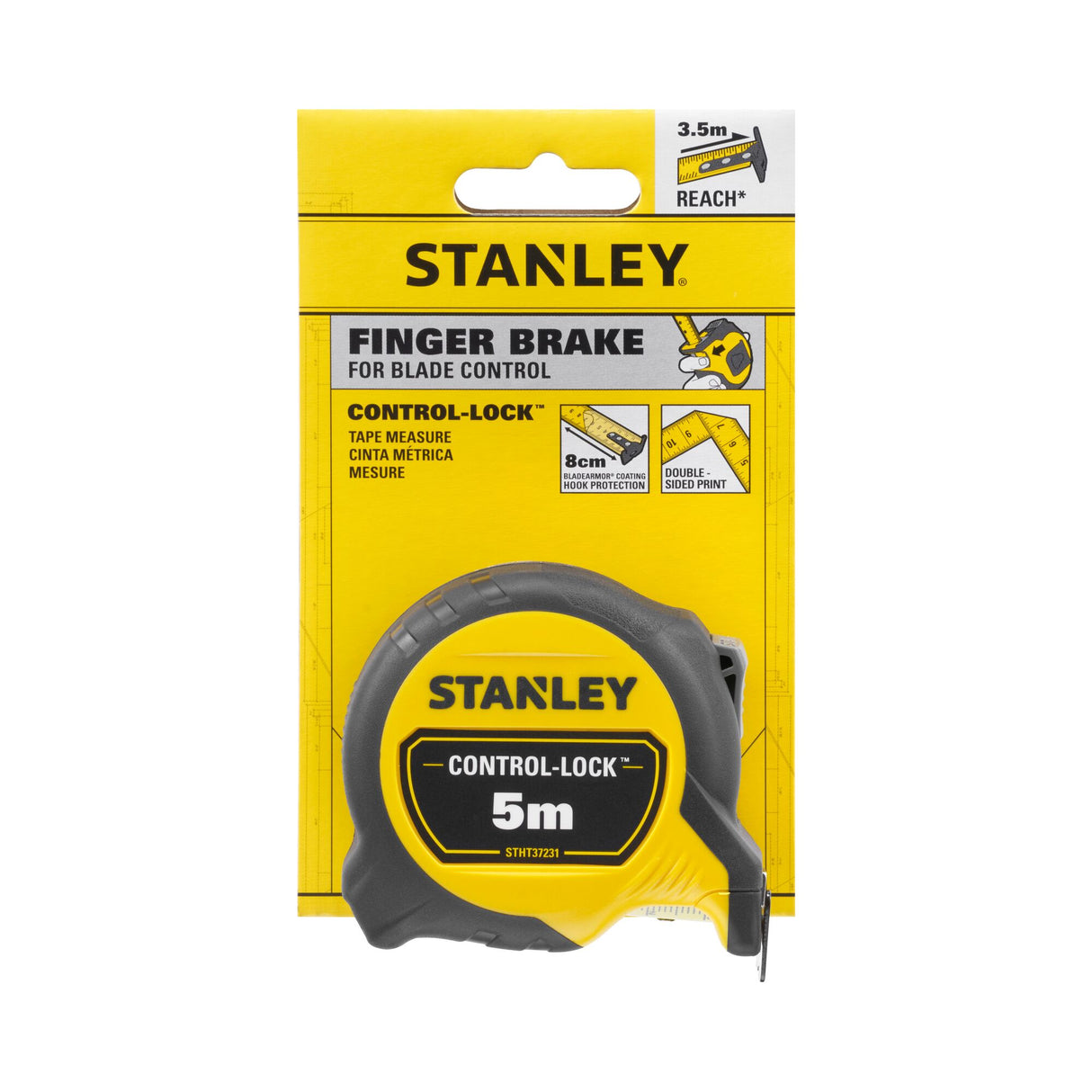 Mètre ruban Stanley CONTROL-LOCK, 5m, noir et jaune, outil de mesure manuel.