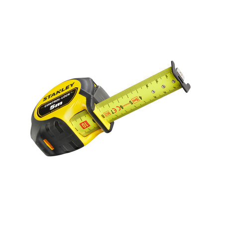 Mètre ruban Stanley, outil de mesure jaune et noir, 5 mètres.