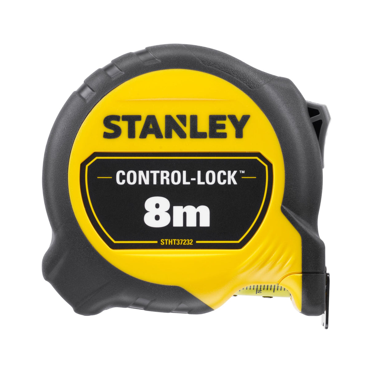 Mètre ruban Stanley Control-Lock 8m, outil de mesure jaune et noir.