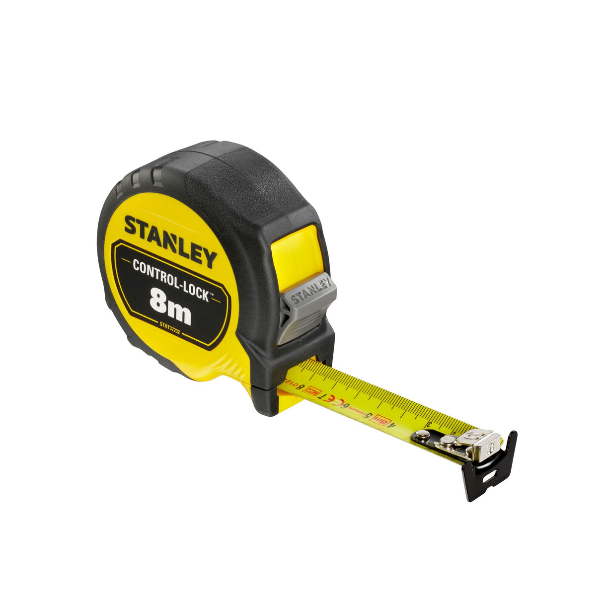 Mètre ruban Stanley, outil de mesure, couleur jaune et noir.