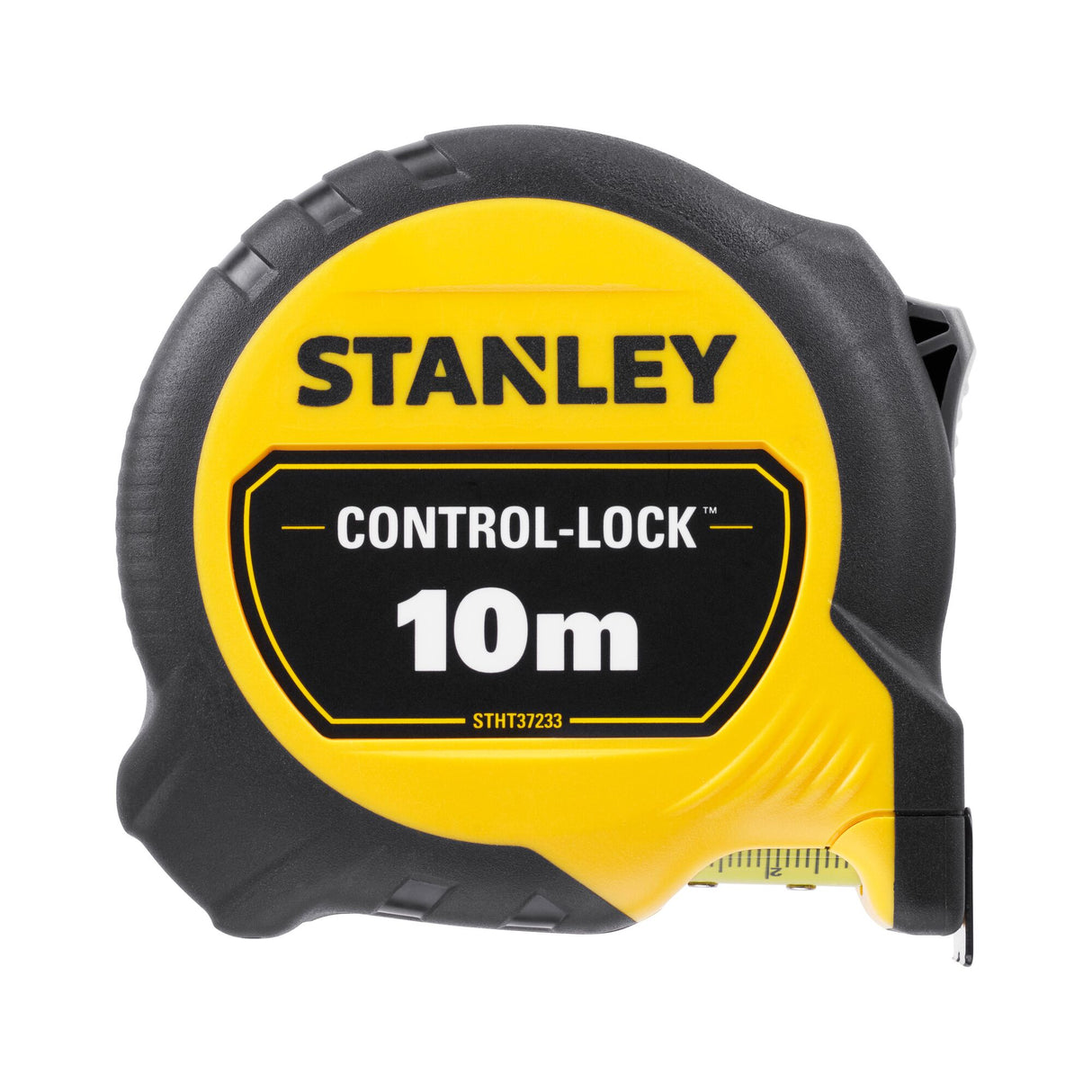Mètre ruban Stanley jaune et noir, modèle Control-Lock, outil de mesure 10m.