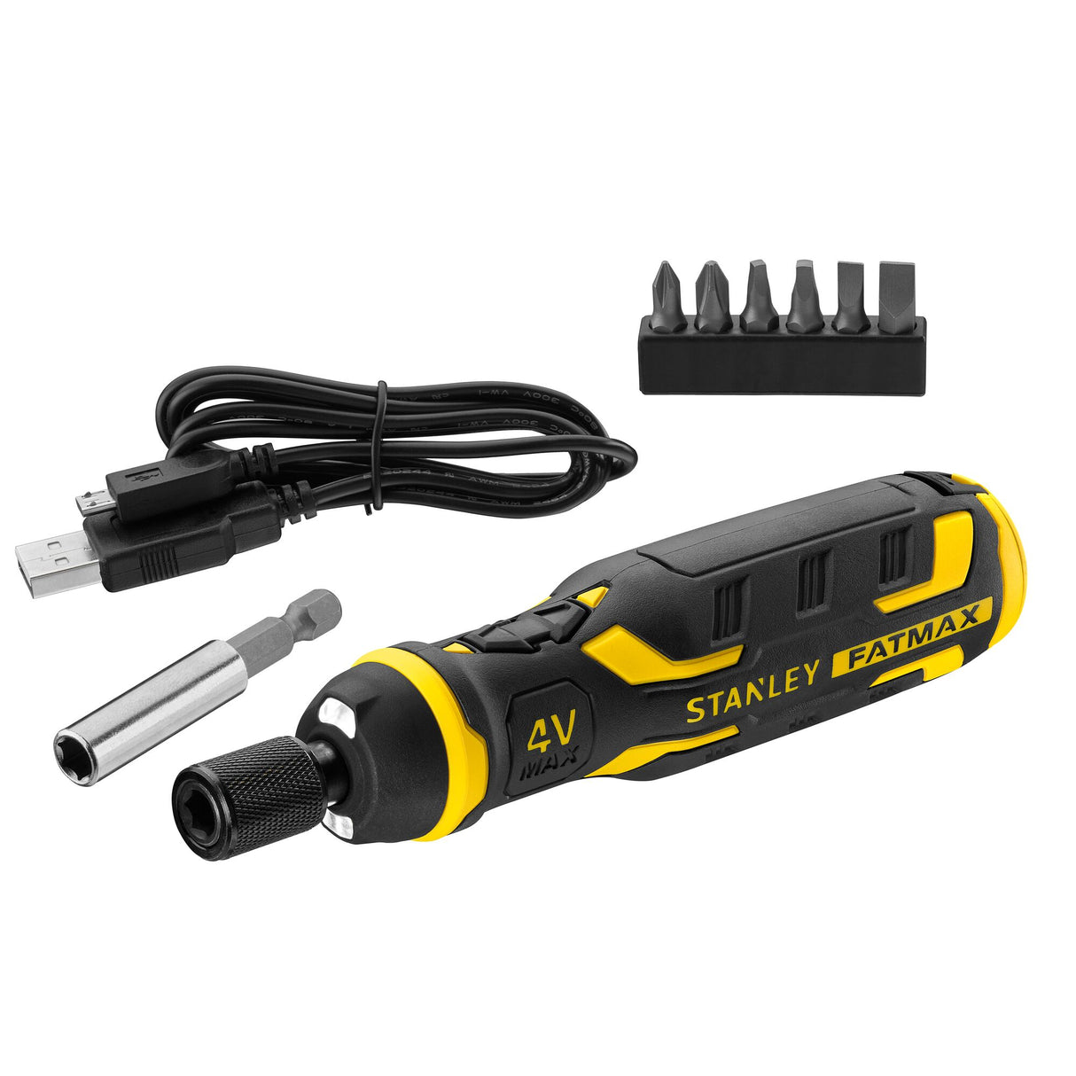 Vissage électrique Stanley noir et jaune, kit embouts et câble USB inclus.