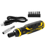 Vissage électrique Stanley noir et jaune, kit embouts et câble USB inclus.