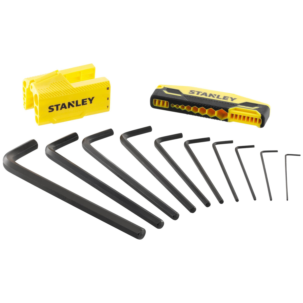 Jeu de clés Allen noir Stanley avec boîte jaune et noire, outils de bricolage.