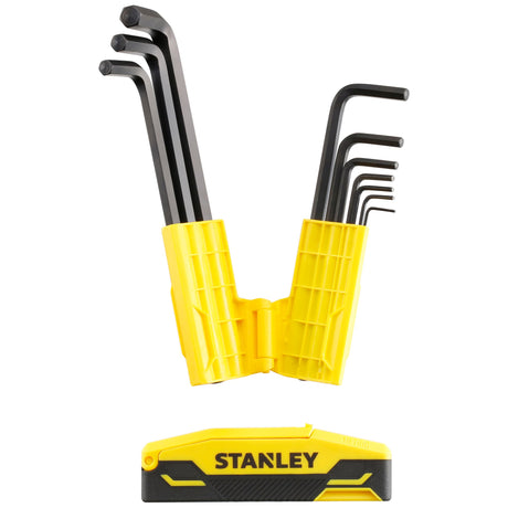 Jeu de clés Allen Stanley, outil noir avec coffret jaune, marque visible.
