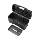 Boîte à outils noire Stanley ouverte avec plateau intérieur, rangement outillage