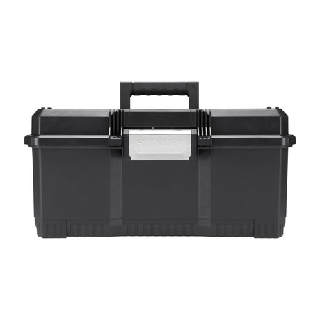 Boîte à outils noire Stanley en plastique, poignée centrale, rangement robuste.
