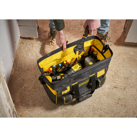 Sac à outils noir et jaune Stanley, type sac de rangement, pour outillage.
