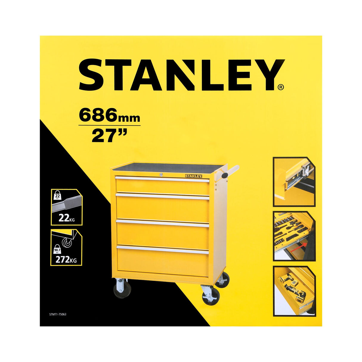 Chariot à outils Stanley jaune, 4 tiroirs, rangement mobile pour outillage.