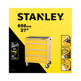 Chariot à outils Stanley jaune, 4 tiroirs, rangement mobile pour outillage.