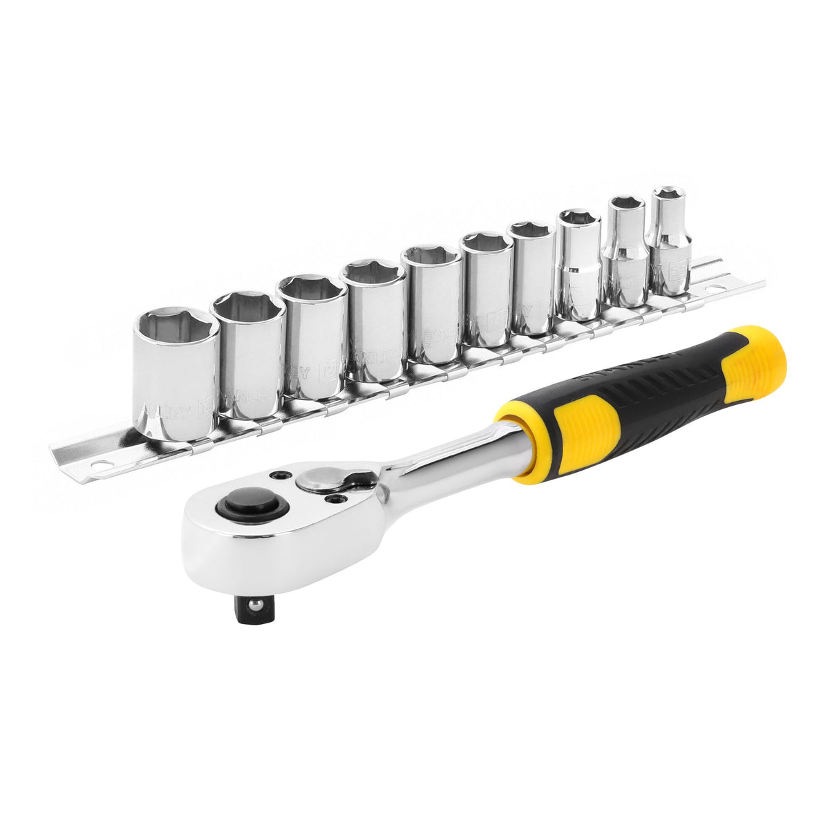 Clé à cliquet Stanley, outillage, poignée noire et jaune, avec douilles chromées.