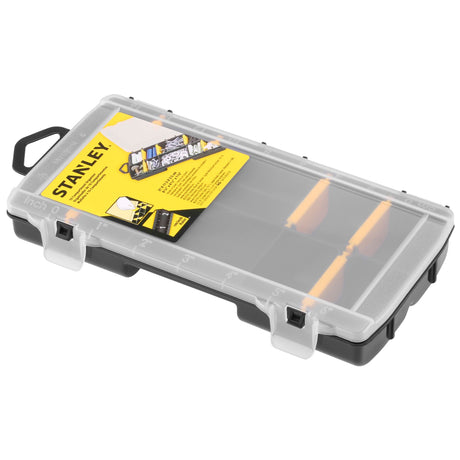Organiseur Stanley noir et transparent, boîte de rangement à compartiments jaunes