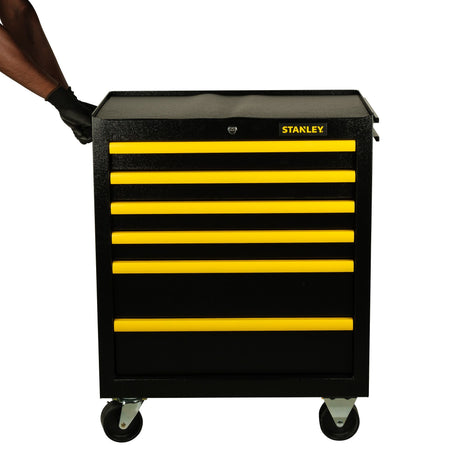 Servante d’atelier Stanley noire et jaune à roulettes, 5 tiroirs.
