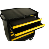 Servante d'atelier noire Stanley avec tiroirs jaunes, rangement à outils robuste