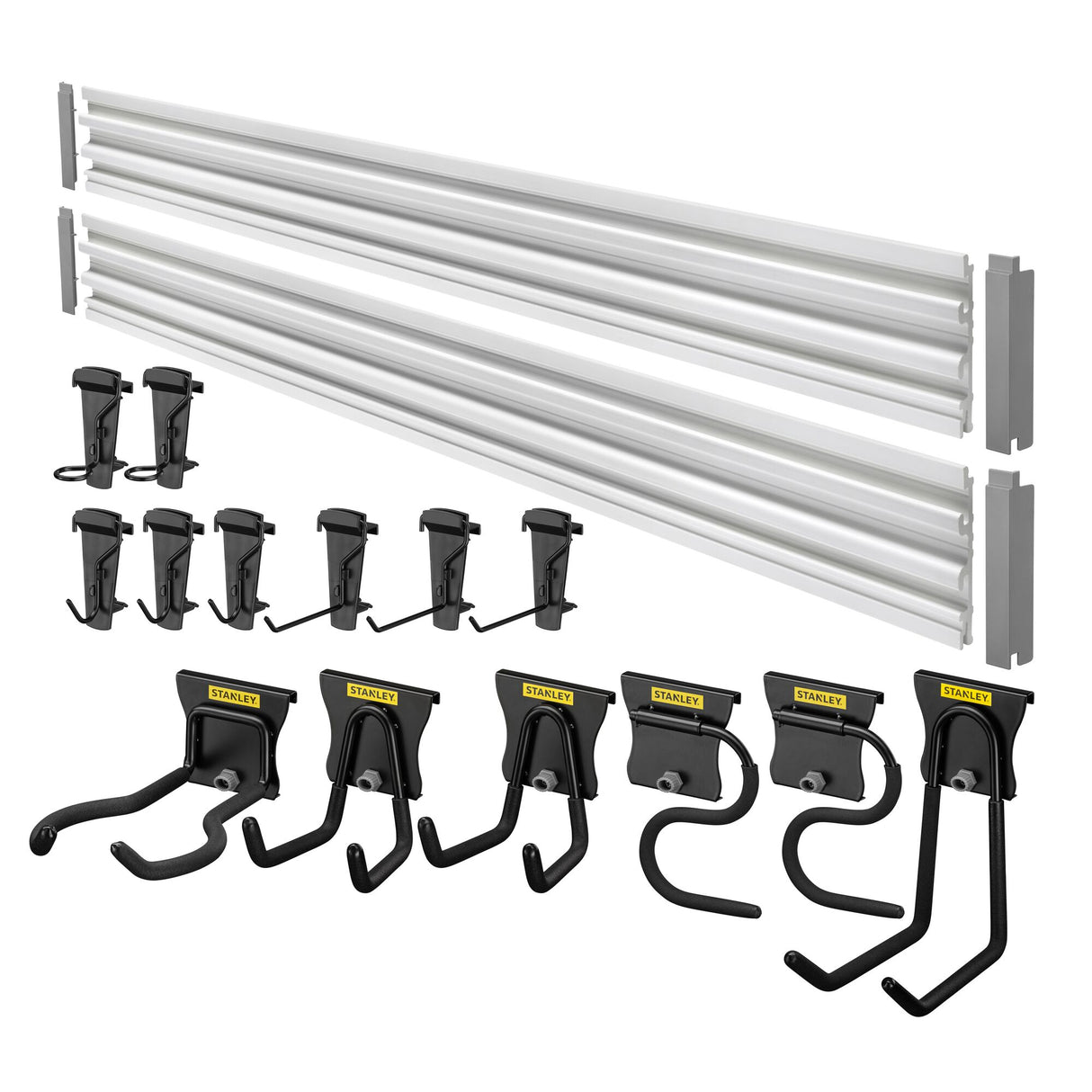 Kit rangement mural Stanley pour outils, noir et argent, avec crochets et rails muraux.